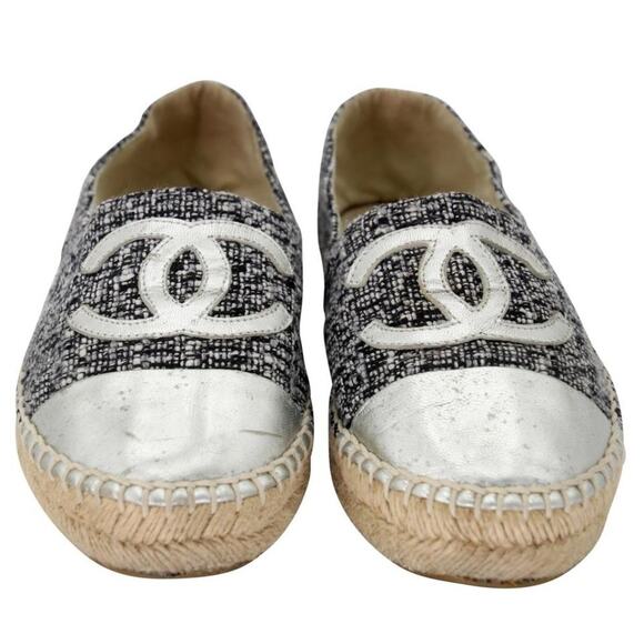 Chanel Espadrille 39 Tweed Canvas Leather Cc Cap-toe Flats CC-0402N-0100 - Picture 3 of 11